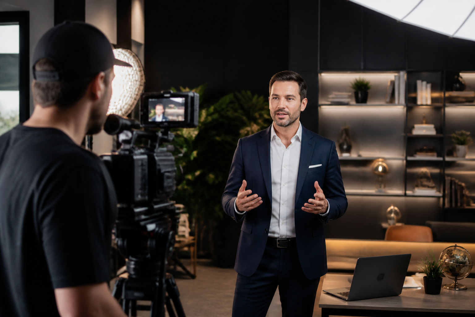 A videographer filming a real estate educator in a professional studio