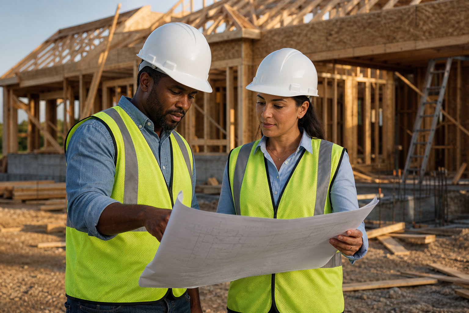 A contractor and investor reviewing plans at a residential construction site