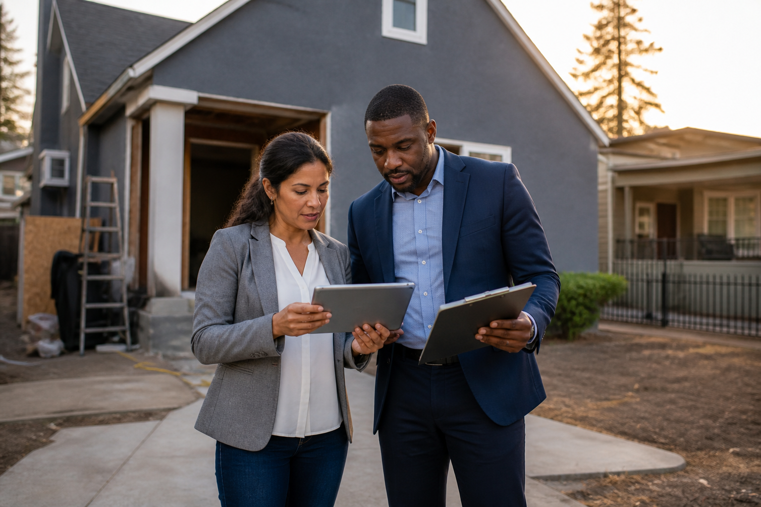 Two real estate professionals reviewing a residential investment property